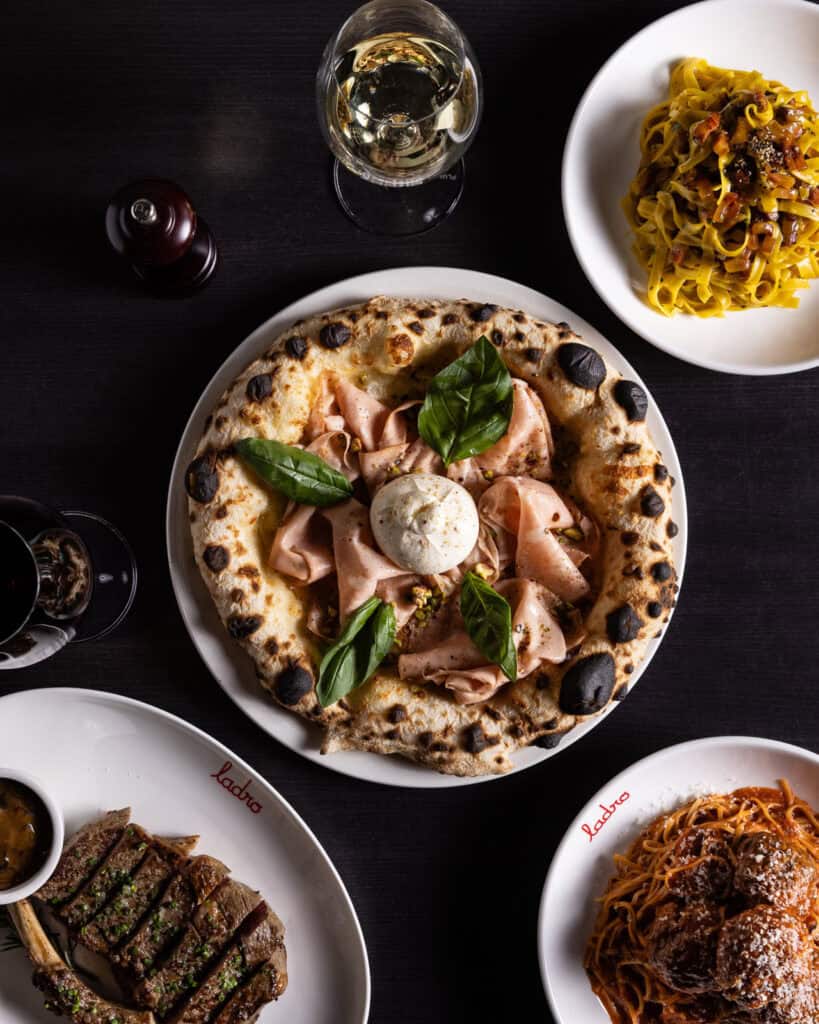 Italian pizza and pasta dishes with wine pairing.